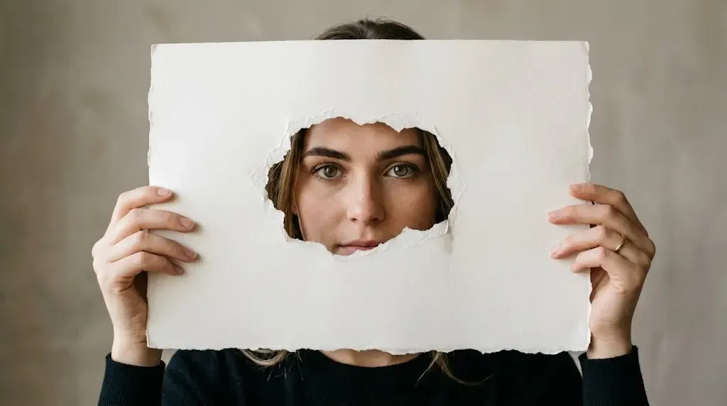 ژست عماسی پرتره با گرفتن کاغذ پاره شده جلوی صورت