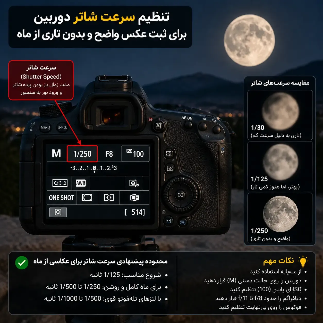  تنظیم سرعت شاتر دوربین برای ثبت عکس واضح و بدون تاری از ماه&nbsp;